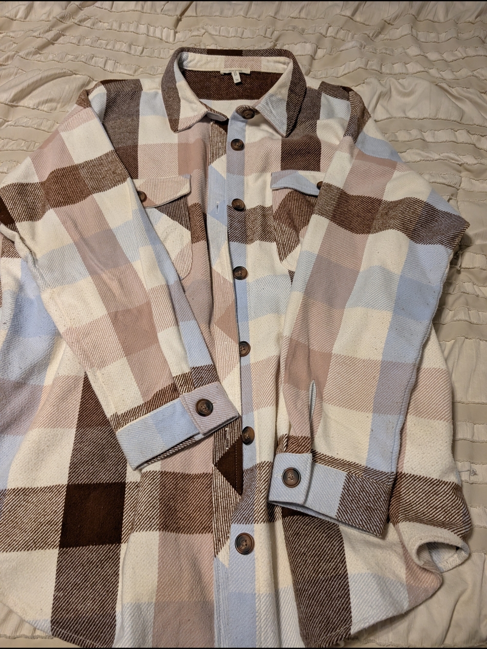 Maurices Plaid Button-Down Shacket in Brown, Cream & Light Blue